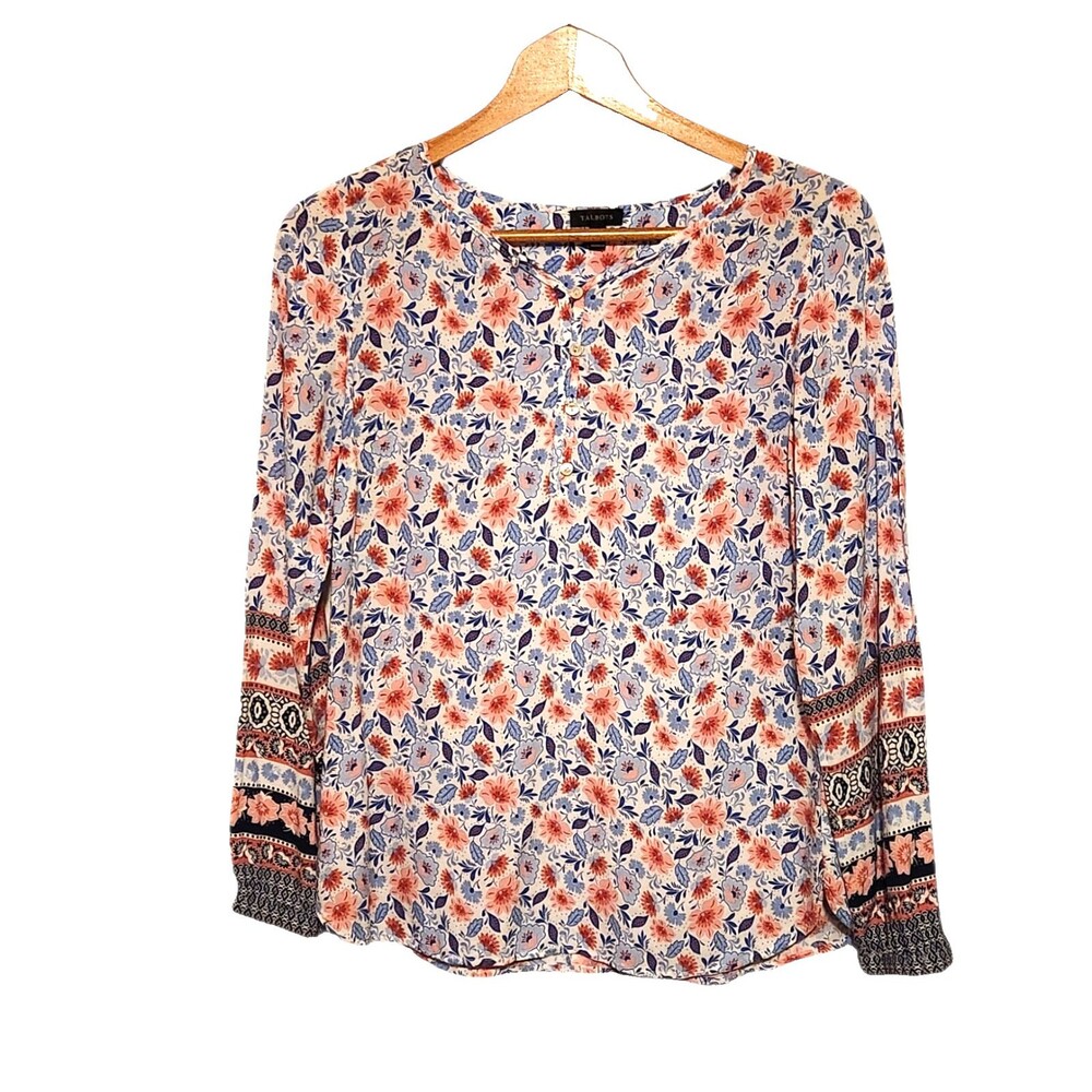 Talbots Henley Popover Top Long Sleeve Botanical Floral Blue Pink Womens Size XS
